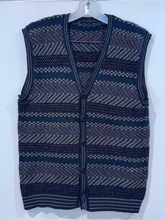 Other - Vintage 80s 90s Grandpa Knit Sweater Vest Button Front Blue Geometric Chevron